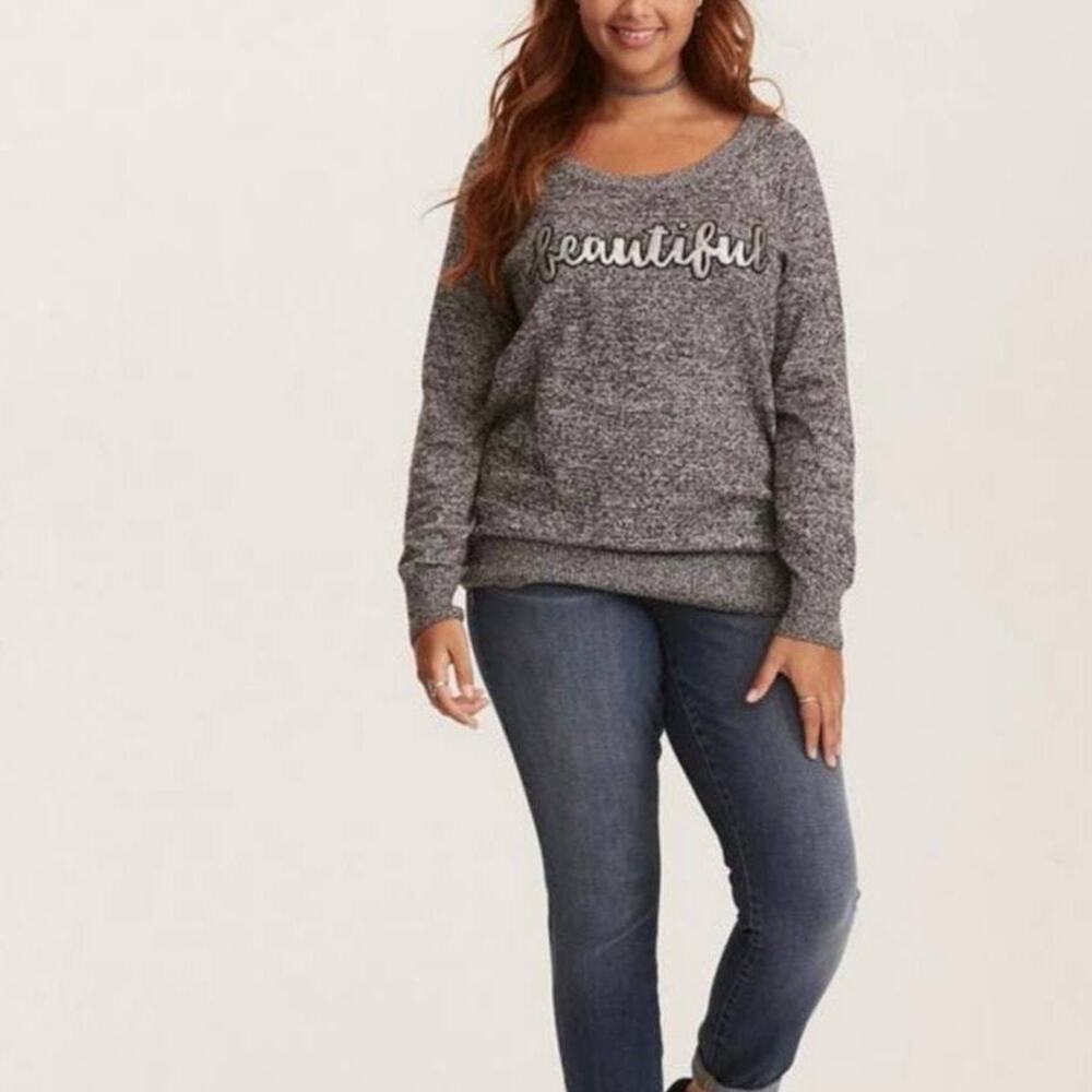 TORRID Gray Heathered "Beautiful" Script Graphic Long Sleeve Sweater Size 1 (1X)
